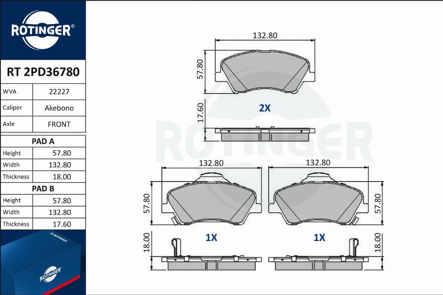 Rotinger RT 2PD36780 - Гальмівні колодки, дискові гальма autocars.com.ua