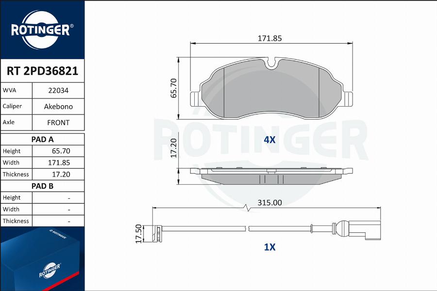 Rotinger RT 2PD36821 - Гальмівні колодки, дискові гальма autocars.com.ua