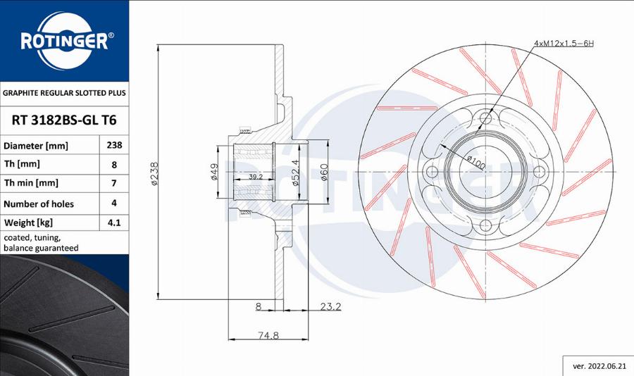 Rotinger RT 3182BS-GL T6 - Тормозной диск avtokuzovplus.com.ua