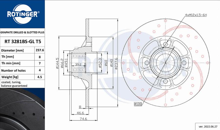 Rotinger RT 3281BS-GL T5 - Тормозной диск avtokuzovplus.com.ua