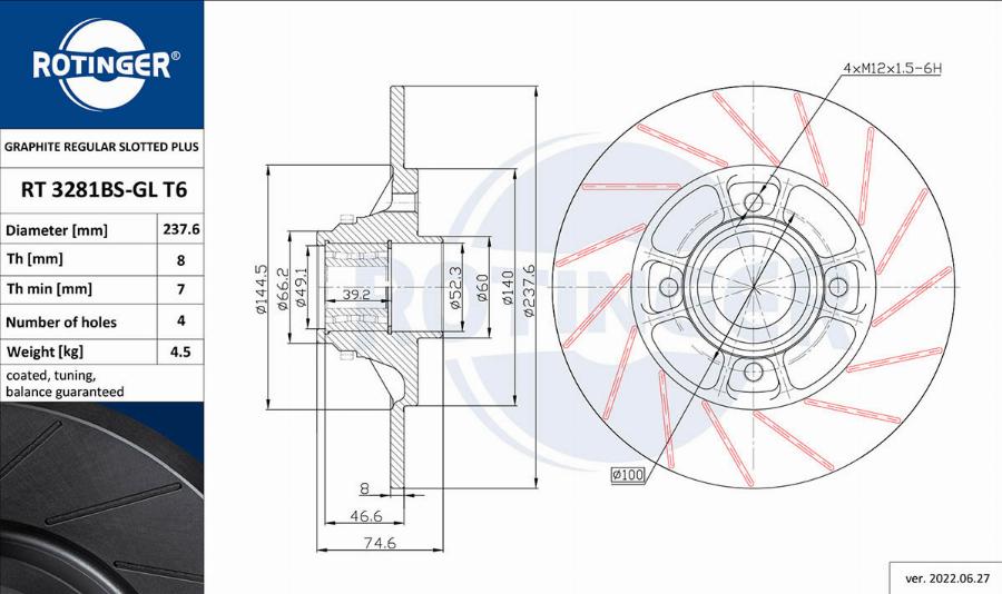 Rotinger RT 3281BS-GL T6 - Тормозной диск avtokuzovplus.com.ua