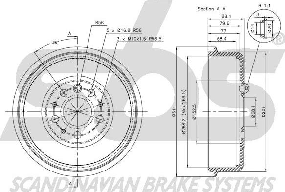 SBS 1825.264709 - Гальмівний барабан autocars.com.ua