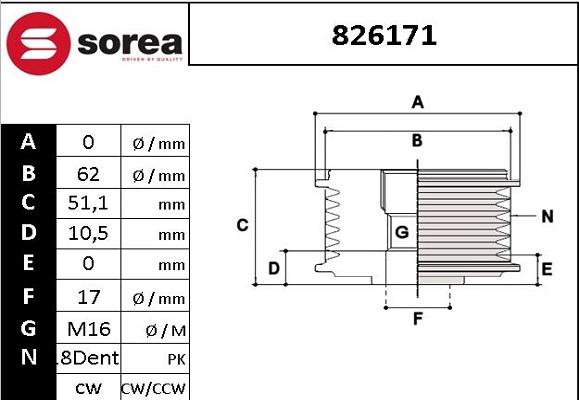 Sera 826171 - Ремінний шків, генератор autocars.com.ua