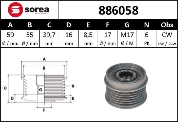 Sera 886058 - Ремінний шків, генератор autocars.com.ua