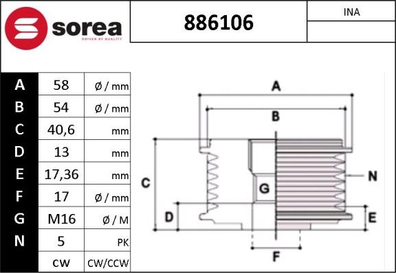 Sera 886106 - Ремінний шків, генератор autocars.com.ua