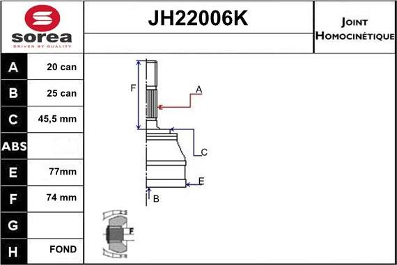 Sera JH22006K - Шарнірний комплект, ШРУС, приводний вал autocars.com.ua