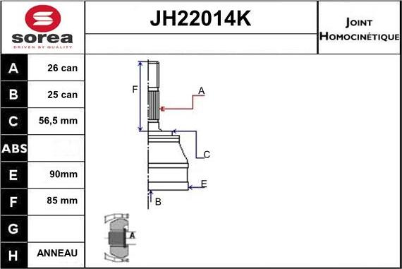 Sera JH22014K - Шарнірний комплект, ШРУС, приводний вал autocars.com.ua