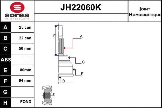 Sera JH22060K - Шарнірний комплект, ШРУС, приводний вал autocars.com.ua