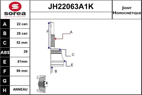 Sera JH22063A1K - Шарнірний комплект, ШРУС, приводний вал autocars.com.ua