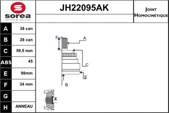 Sera JH22095AK - Шарнірний комплект, ШРУС, приводний вал autocars.com.ua