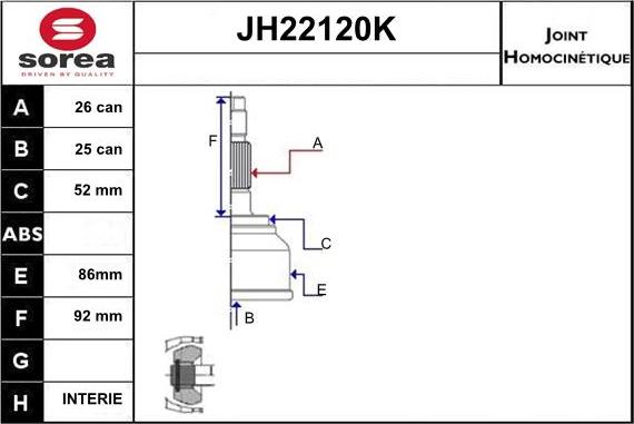 Sera JH22120K - Шарнірний комплект, ШРУС, приводний вал autocars.com.ua