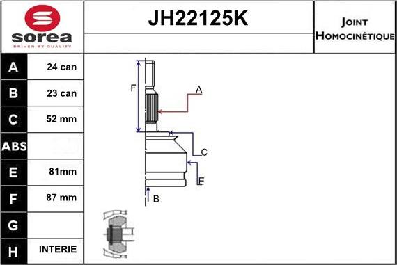 Sera JH22125K - Шарнірний комплект, ШРУС, приводний вал autocars.com.ua