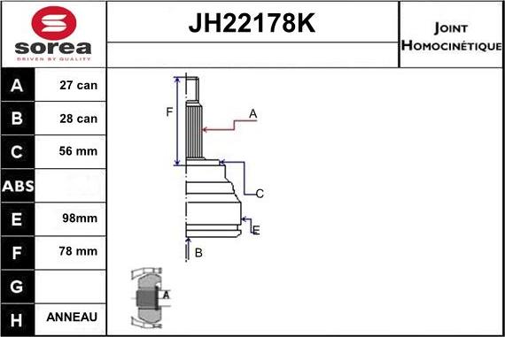 Sera JH22178K - Шарнірний комплект, ШРУС, приводний вал autocars.com.ua