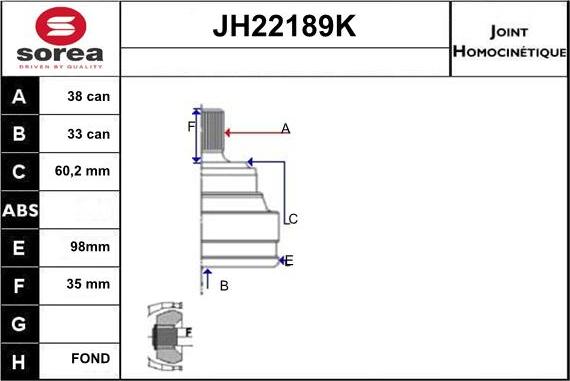 Sera JH22189K - Шарнірний комплект, ШРУС, приводний вал autocars.com.ua