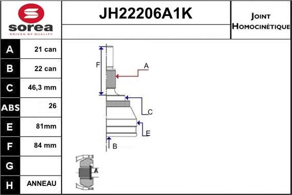 Sera JH22206A1K - Шарнирный комплект, ШРУС, приводной вал autodnr.net