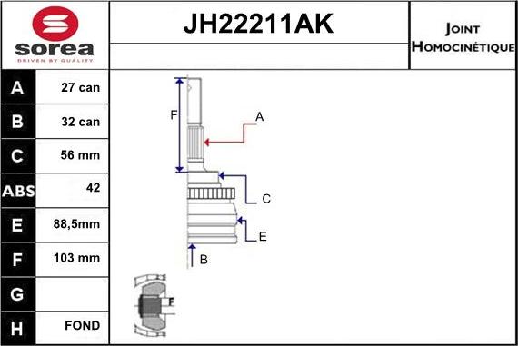 Sera JH22211AK - Шарнірний комплект, ШРУС, приводний вал autocars.com.ua