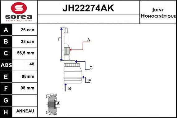 Sera JH22274AK - Шарнірний комплект, ШРУС, приводний вал autocars.com.ua