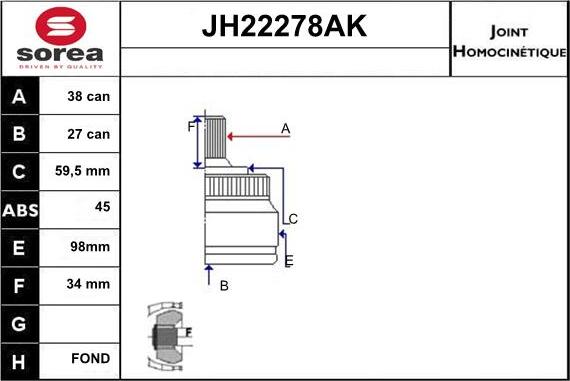 Sera JH22278AK - Шарнірний комплект, ШРУС, приводний вал autocars.com.ua