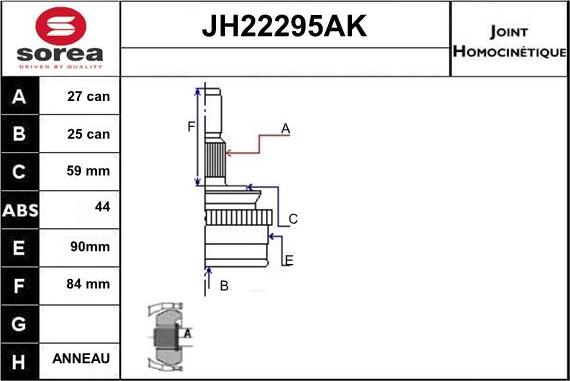 Sera JH22295AK - Шарнірний комплект, ШРУС, приводний вал autocars.com.ua