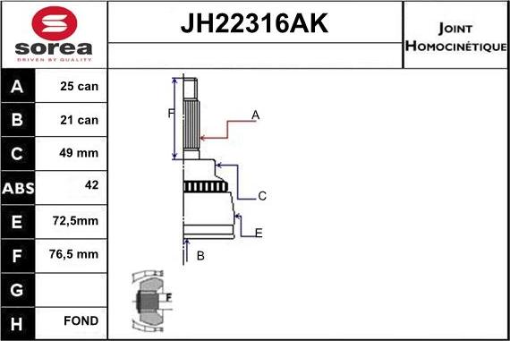 Sera JH22316AK - Шарнірний комплект, ШРУС, приводний вал autocars.com.ua