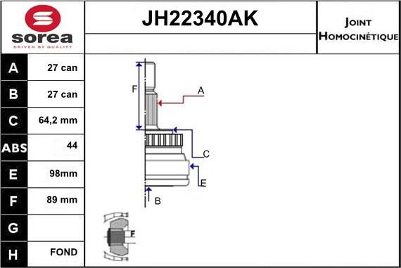 Sera JH22340AK - Шарнірний комплект, ШРУС, приводний вал autocars.com.ua