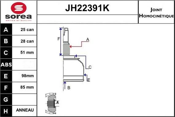 Sera JH22391K - Шарнірний комплект, ШРУС, приводний вал autocars.com.ua