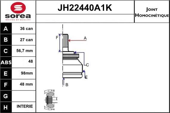 Sera JH22440A1K - Шарнірний комплект, ШРУС, приводний вал autocars.com.ua