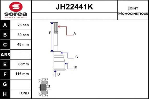 Sera JH22441K - Шарнірний комплект, ШРУС, приводний вал autocars.com.ua