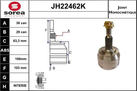 Sera JH22462K - Шарнірний комплект, ШРУС, приводний вал autocars.com.ua