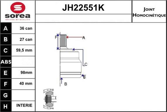 Sera JH22551K - Шарнірний комплект, ШРУС, приводний вал autocars.com.ua