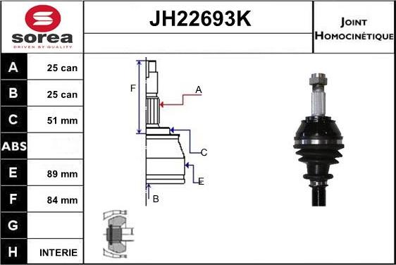 Sera JH22693K - Шарнірний комплект, ШРУС, приводний вал autocars.com.ua