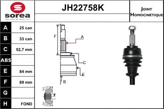 Sera JH22758K - Шарнірний комплект, ШРУС, приводний вал autocars.com.ua