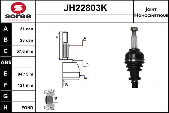 Sera JH22803K - Шарнірний комплект, ШРУС, приводний вал autocars.com.ua