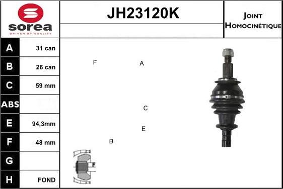 Sera JH23120K - Шарнірний комплект, ШРУС, приводний вал autocars.com.ua