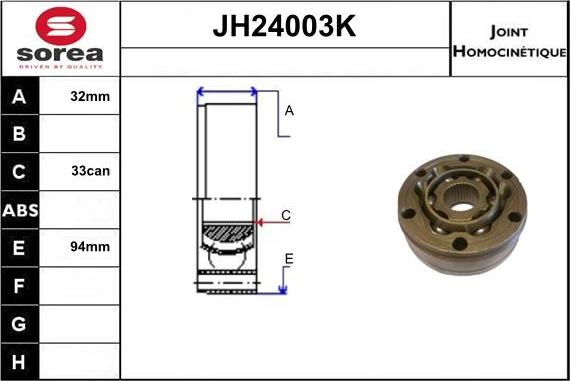 Sera JH24003K - Шарнірний комплект, ШРУС, приводний вал autocars.com.ua