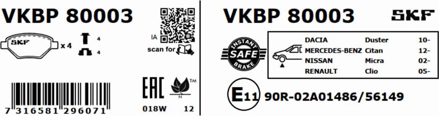 SKF VKBP 80003 - Тормозные колодки, дисковые, комплект avtokuzovplus.com.ua