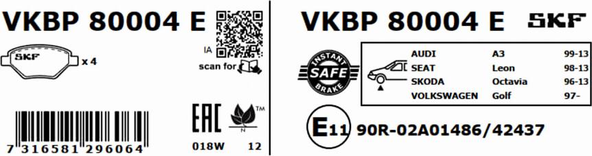 SKF VKBP 80004 E - Гальмівні колодки, дискові гальма autocars.com.ua