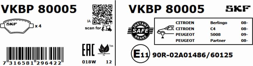 SKF VKBP 80005 - Тормозные колодки, дисковые, комплект autodnr.net