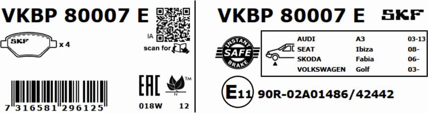 SKF VKBP 80007 E - Гальмівні колодки, дискові гальма autocars.com.ua