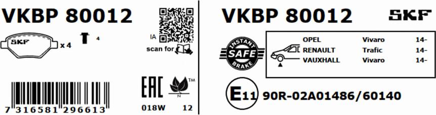 SKF VKBP 80012 - Гальмівні колодки, дискові гальма autocars.com.ua