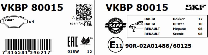 SKF VKBP 80015 - Гальмівні колодки, дискові гальма autocars.com.ua