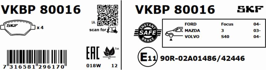 SKF VKBP 80016 - Тормозные колодки, дисковые, комплект autodnr.net