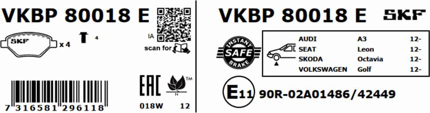 SKF VKBP 80018 E - Тормозные колодки, дисковые, комплект autodnr.net