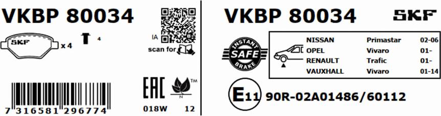 SKF VKBP 80034 - Тормозные колодки, дисковые, комплект avtokuzovplus.com.ua