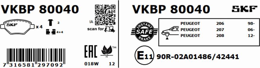 SKF VKBP 80040 - Гальмівні колодки, дискові гальма autocars.com.ua