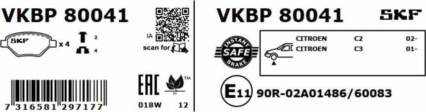 SKF VKBP 80041 - Тормозные колодки, дисковые, комплект avtokuzovplus.com.ua