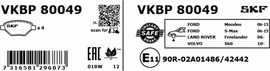 SKF VKBP 80049 - Гальмівні колодки, дискові гальма autocars.com.ua