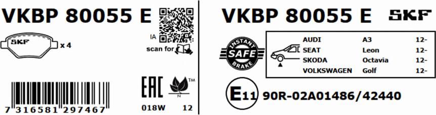 SKF VKBP 80055 E - Тормозные колодки, дисковые, комплект avtokuzovplus.com.ua