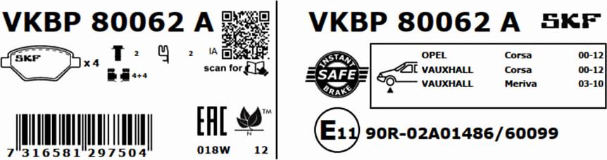 SKF VKBP 80062 A - Тормозные колодки, дисковые, комплект autodnr.net