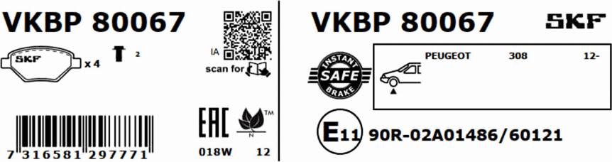 SKF VKBP 80067 - Тормозные колодки, дисковые, комплект avtokuzovplus.com.ua